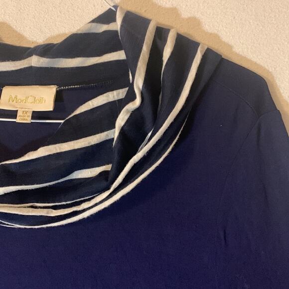 Modcloth womens 1x long sleeve navy blue stripe shirt cowl neck lightweight - Picture 4 of 9